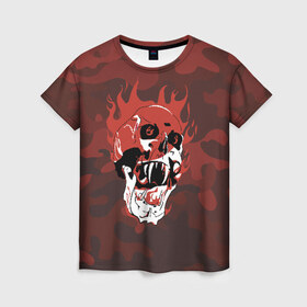 Женская футболка 3D с принтом Flame в Тюмени, 100% полиэфир ( синтетическое хлопкоподобное полотно) | прямой крой, круглый вырез горловины, длина до линии бедер | fangs | fire | flame | grin | halloween | jaw | orbits | skull | teeth | клыки | оскал | пламя | хэллоуин
