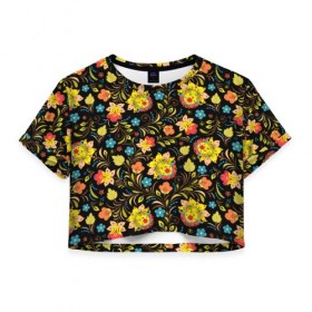 Женская футболка Cropp-top с принтом Хохлома в Тюмени, 100% полиэстер | круглая горловина, длина футболки до линии талии, рукава с отворотами | листья | хохлома | цветы