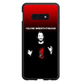 Чехол для Samsung S10E с принтом Keanu Breathtaking в Тюмени, Силикон | Область печати: задняя сторона чехла, без боковых панелей | 2019 | cd project red | cyberpunk 2077 | keanu | keanu breathtaking | keanu reeves | night city | samurai | sci fi | v | ви | киану ривз | киберпанк 2077 | логотип | самураи | фантастика