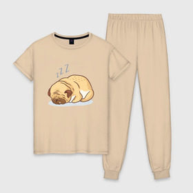 Женская пижама хлопок с принтом Спящий мопс в Тюмени, 100% хлопок | брюки и футболка прямого кроя, без карманов, на брюках мягкая резинка на поясе и по низу штанин | dog | pug | мопс | пес | псина | собака | собачка | сон | спит | спящий