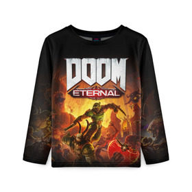 Детский лонгслив 3D с принтом DOOM Eternal в Тюмени, 100% полиэстер | длинные рукава, круглый вырез горловины, полуприлегающий силуэт
 | 2019 | bethesda | demon | doom | eternal | ethernal | game | games | logo | monster | runes | демон | дум | дуум | етернал | игра | игры | какодемон | кровь | лого | логотип | монстр | монстры | руны | символ | этернал