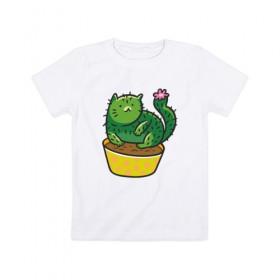 Детская футболка хлопок с принтом Кот-кактус в Тюмени, 100% хлопок | круглый вырез горловины, полуприлегающий силуэт, длина до линии бедер | Тематика изображения на принте: cat | горшок | иголки | кактус | кот кактус | котик | кошка | растение | цветок