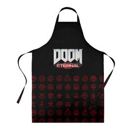 Фартук 3D с принтом DOOM Eternal в Тюмени, 100% полиэстер | общий размер — 65 х 85 см, ширина нагрудника — 26 см, горловина — 53 см, длина завязок — 54 см, общий обхват в поясе — 173 см. Принт на завязках и на горловине наносится с двух сторон, на основной части фартука — только с внешней стороны | 2019 | bethesda | demon | doom | eternal | ethernal | game | games | logo | monster | runes | демон | дум | дуум | етернал | игра | игры | какодемон | кровь | лого | логотип | монстр | монстры | руны | символ | этернал