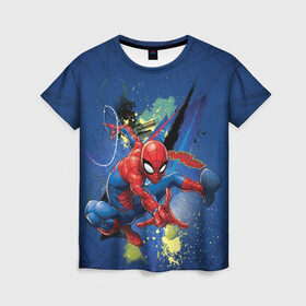 Женская футболка 3D с принтом Spider-man with a spiderweb в Тюмени, 100% полиэфир ( синтетическое хлопкоподобное полотно) | прямой крой, круглый вырез горловины, длина до линии бедер | Тематика изображения на принте: avengers | comics | marvel | peter parker | spider man | stan lee | super her | web shooter | комикс | марвел | марвэл | мстители | паутина | паучок | питер паркер | спайди | стэн ли | человек паук