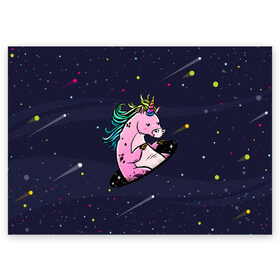 Поздравительная открытка с принтом Единорог и телепорт в Тюмени, 100% бумага | плотность бумаги 280 г/м2, матовая, на обратной стороне линовка и место для марки
 | Тематика изображения на принте: вселенная | галактика | грива | единорог | звезды | космос | радуга | телепорт