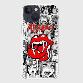 Чехол для iPhone 13 mini с принтом Ahegao в Тюмени,  |  | ahegao | black   white | cartoon | collage | comic | emotion | faces | girls | inscription | japanese | lips | manga | mouth | open | red | аниме | губы | девушки | коллаж | комикс | красные | лица | мультфильм | надпись | откр