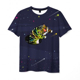 Мужская футболка 3D с принтом Тигр и телепорт (двусторонняя) в Тюмени, 100% полиэфир | прямой крой, круглый вырез горловины, длина до линии бедер | галактика | звезды | космос | кот | кошка | полосатый | телепорт | тигр | тигренок