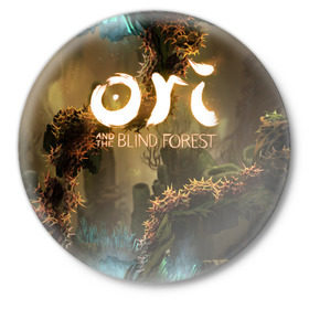 Значок с принтом Ori and the Blind Forest в Тюмени,  металл | круглая форма, металлическая застежка в виде булавки | blind forest | ori | sein | белка | гумо | кошка | куро | лиса | нару | непроглядный лес | ори | платформер | птенец | сейн | сова