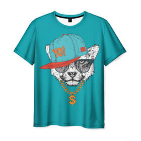 Мужская футболка 3D с принтом Гепард в кепке в Тюмени, 100% полиэфир | прямой крой, круглый вырез горловины, длина до линии бедер | animal | beast | cap | chain | cheetah | dollar | gold | head | гепард | голова | доллар | животное | зверь | золото | кепка | очки | цепь