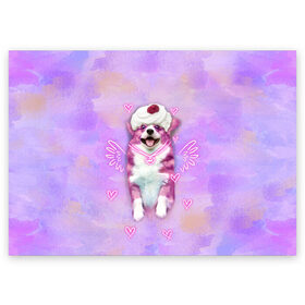 Поздравительная открытка с принтом Ангелок корги в Тюмени, 100% бумага | плотность бумаги 280 г/м2, матовая, на обратной стороне линовка и место для марки
 | dog | ангел | ангелок | еда | корги | мороженое | пес | пироженко | пирожное | сердечки | собака | собачка