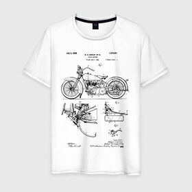 Мужская футболка хлопок с принтом Patent Harley в Тюмени, 100% хлопок | прямой крой, круглый вырез горловины, длина до линии бедер, слегка спущенное плечо. | Тематика изображения на принте: harley | patent | байк | байкер | идея | история | механика | мото | мотоцикл | патент | разработка | харлей | чертеж | чертежи