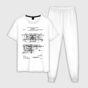 Мужская пижама хлопок с принтом Patent - Flying machine в Тюмени, 100% хлопок | брюки и футболка прямого кроя, без карманов, на брюках мягкая резинка на поясе и по низу штанин
 | patent | идея | история | летать | летающий | машина | механика | патент | разработка | самолет | чертеж | чертежи