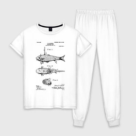 Женская пижама хлопок с принтом Patent - Artificial bait в Тюмени, 100% хлопок | брюки и футболка прямого кроя, без карманов, на брюках мягкая резинка на поясе и по низу штанин | patent | воблер | идея | история | крючок | патент | приманка | разработка | рыбак | рыбалка | туризм | удочка | чертеж | чертежи