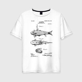 Женская футболка хлопок Oversize с принтом Patent - Artificial bait в Тюмени, 100% хлопок | свободный крой, круглый ворот, спущенный рукав, длина до линии бедер
 | patent | воблер | идея | история | крючок | патент | приманка | разработка | рыбак | рыбалка | туризм | удочка | чертеж | чертежи