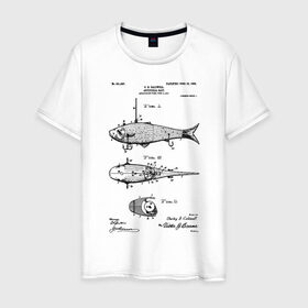 Мужская футболка хлопок с принтом Patent - Artificial bait в Тюмени, 100% хлопок | прямой крой, круглый вырез горловины, длина до линии бедер, слегка спущенное плечо. | patent | воблер | идея | история | крючок | патент | приманка | разработка | рыбак | рыбалка | туризм | удочка | чертеж | чертежи