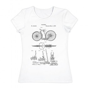 Женская футболка хлопок с принтом Patent - Velocipede в Тюмени, 100% хлопок | прямой крой, круглый вырез горловины, длина до линии бедер, слегка спущенное плечо | patent | велик | велосипед | идея | история | патент | разработка | спорт | туризм | чертеж | чертежи