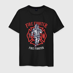 Мужская футболка хлопок с принтом Fire fighter в Тюмени, 100% хлопок | прямой крой, круглый вырез горловины, длина до линии бедер, слегка спущенное плечо. | Тематика изображения на принте: мчс | огнеборец | пожар | пожарный