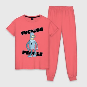 Женская пижама хлопок с принтом Futurama Bender в Тюмени, 100% хлопок | брюки и футболка прямого кроя, без карманов, на брюках мягкая резинка на поясе и по низу штанин | bender | futurama | бендер | футурама