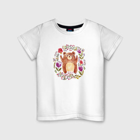 Детская футболка хлопок с принтом Мишка в Тюмени, 100% хлопок | круглый вырез горловины, полуприлегающий силуэт, длина до линии бедер | дикое животное | животное | медведь | мишка | рисунок | цветы
