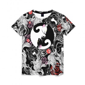 Женская футболка 3D с принтом Инь-Янь Котики в Тюмени, 100% полиэфир ( синтетическое хлопкоподобное полотно) | прямой крой, круглый вырез горловины, длина до линии бедер | домашние животные | животные | инь янь | котики | милость | растение | цветы