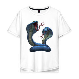 Мужская футболка хлопок Oversize с принтом Пара змей в Тюмени, 100% хлопок | свободный крой, круглый ворот, “спинка” длиннее передней части | Тематика изображения на принте: веселые животные | забавная змея | змеи | красивая змея | птичка | смешные животные