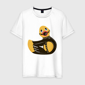 Мужская футболка хлопок с принтом Уточка bdsm в Тюмени, 100% хлопок | прямой крой, круглый вырез горловины, длина до линии бедер, слегка спущенное плечо. | кляп | кожа | латекс | птица | утка | уточка