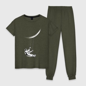 Женская пижама хлопок с принтом Космонавт на луне в Тюмени, 100% хлопок | брюки и футболка прямого кроя, без карманов, на брюках мягкая резинка на поясе и по низу штанин | galaxy | nasa | астронавт | в космосе | галактика | космонавт | космос | луна | на луне | наса