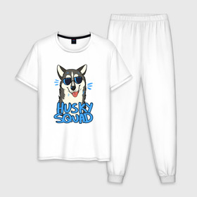 Мужская пижама хлопок с принтом Хаски в Тюмени, 100% хлопок | брюки и футболка прямого кроя, без карманов, на брюках мягкая резинка на поясе и по низу штанин
 | собака | собака в очках | хаски
