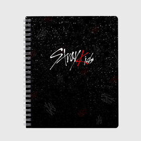 Тетрадь с принтом STRAY KIDS в Тюмени, 100% бумага | 48 листов, плотность листов — 60 г/м2, плотность картонной обложки — 250 г/м2. Листы скреплены сбоку удобной пружинной спиралью. Уголки страниц и обложки скругленные. Цвет линий — светло-серый
 | Тематика изображения на принте: skz | stray kids | бан чан | ли ноу | скз | стрей кидс | сынмин | уджин | феликс | хан | хёджин | чанбин