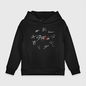 Детское худи Oversize хлопок с принтом STRAY KIDS АВТОГРАФЫ  в Тюмени, френч-терри — 70% хлопок, 30% полиэстер. Мягкий теплый начес внутри —100% хлопок | боковые карманы, эластичные манжеты и нижняя кромка, капюшон на магнитной кнопке | Тематика изображения на принте: skz | stray kids | бан чан | ли ноу | скз | стрей кидс | сынмин | уджин | феликс | хан | хёджин | чанбин