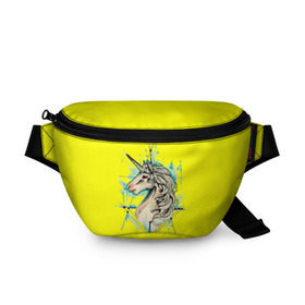 Поясная сумка 3D с принтом Единорог Yellow Unicorn в Тюмени, 100% полиэстер | плотная ткань, ремень с регулируемой длиной, внутри несколько карманов для мелочей, основное отделение и карман с обратной стороны сумки застегиваются на молнию | unicorn | yellow unicorn | единорог | единорожки | животные | лошади
