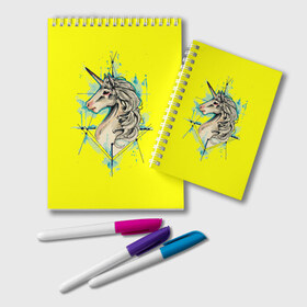 Блокнот с принтом Единорог Yellow Unicorn в Тюмени, 100% бумага | 48 листов, плотность листов — 60 г/м2, плотность картонной обложки — 250 г/м2. Листы скреплены удобной пружинной спиралью. Цвет линий — светло-серый
 | Тематика изображения на принте: unicorn | yellow unicorn | единорог | единорожки | животные | лошади