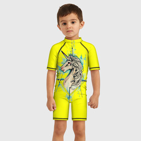 Детский купальный костюм 3D с принтом Единорог Yellow Unicorn в Тюмени, Полиэстер 85%, Спандекс 15% | застежка на молнии на спине | unicorn | yellow unicorn | единорог | единорожки | животные | лошади