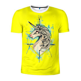 Мужская футболка 3D спортивная с принтом Единорог Yellow Unicorn в Тюмени, 100% полиэстер с улучшенными характеристиками | приталенный силуэт, круглая горловина, широкие плечи, сужается к линии бедра | Тематика изображения на принте: unicorn | yellow unicorn | единорог | единорожки | животные | лошади