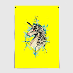 Постер с принтом Единорог Yellow Unicorn  в Тюмени, 100% бумага
 | бумага, плотность 150 мг. Матовая, но за счет высокого коэффициента гладкости имеет небольшой блеск и дает на свету блики, но в отличии от глянцевой бумаги не покрыта лаком | Тематика изображения на принте: unicorn | yellow unicorn | единорог | единорожки | животные | лошади