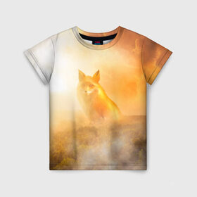 Детская футболка 3D с принтом Лисичка в тумане в Тюмени, 100% гипоаллергенный полиэфир | прямой крой, круглый вырез горловины, длина до линии бедер, чуть спущенное плечо, ткань немного тянется | Тематика изображения на принте: animals | forest | fox | арт | животное | лес | лиса | лисичка | облака | рисунок | рыжая лиса | туман