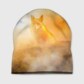 Шапка 3D с принтом Лисичка в тумане в Тюмени, 100% полиэстер | универсальный размер, печать по всей поверхности изделия | Тематика изображения на принте: animals | forest | fox | арт | животное | лес | лиса | лисичка | облака | рисунок | рыжая лиса | туман