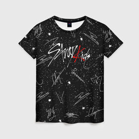 Женская футболка 3D с принтом STRAY KIDS АВТОГРАФЫ в Тюмени, 100% полиэфир ( синтетическое хлопкоподобное полотно) | прямой крой, круглый вырез горловины, длина до линии бедер | Тематика изображения на принте: skz | stray kids | бан чан | ли ноу | скз | стрей кидс | сынмин | уджин | феликс | хан | хёджин | чанбин