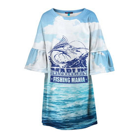 Детское платье 3D с принтом Marlin в Тюмени, 100% полиэстер | прямой силуэт, чуть расширенный к низу. Круглая горловина, на рукавах — воланы | fin | fishing | fishing line | hook | marlin | ocean | spinner | water | блесна | крючок | леска | марлин | океан | плавник | рыбалка