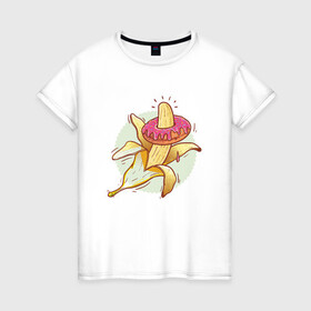 Женская футболка хлопок с принтом Пончик на банане в Тюмени, 100% хлопок | прямой крой, круглый вырез горловины, длина до линии бедер, слегка спущенное плечо | банан | кожура | пончик | ствол | фрукт