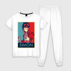 Женская пижама хлопок с принтом Симон в Тюмени, 100% хлопок | брюки и футболка прямого кроя, без карманов, на брюках мягкая резинка на поясе и по низу штанин | аниме | гуррен лаганн | симон