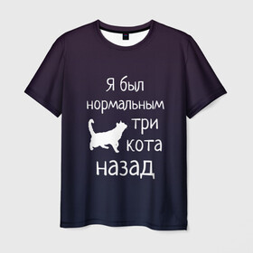 Мужская футболка 3D с принтом Я был в норме три кота назад в Тюмени, 100% полиэфир | прямой крой, круглый вырез горловины, длина до линии бедер | Тематика изображения на принте: cats | normal | жизненно | жизнь | котики | коты | котэ | кошатник | кошатница | кошка | кошки | нормальный