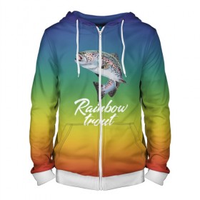 Мужская толстовка 3D на молнии с принтом Rainbow trout в Тюмени, 100% полиэстер | длина до линии бедра, манжеты и пояс оформлены мягкой тканевой резинкой, двухслойный капюшон со шнурком для регулировки, спереди молния, по бокам два кармана | 