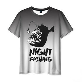 Мужская футболка 3D с принтом Рыба удильщик в Тюмени, 100% полиэфир | прямой крой, круглый вырез горловины, длина до линии бедер | angler | fin | fishing | jaw | lantern | night | rod | tail | teeth | глубина | зубы | ночь | плавник | рыбалка | удильщик | удочка | фонарик | хвост