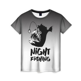 Женская футболка 3D с принтом Рыба удильщик в Тюмени, 100% полиэфир ( синтетическое хлопкоподобное полотно) | прямой крой, круглый вырез горловины, длина до линии бедер | angler | fin | fishing | jaw | lantern | night | rod | tail | teeth | глубина | зубы | ночь | плавник | рыбалка | удильщик | удочка | фонарик | хвост
