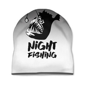 Шапка 3D с принтом Рыба удильщик в Тюмени, 100% полиэстер | универсальный размер, печать по всей поверхности изделия | angler | fin | fishing | jaw | lantern | night | rod | tail | teeth | глубина | зубы | ночь | плавник | рыбалка | удильщик | удочка | фонарик | хвост