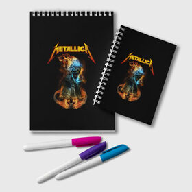 Блокнот с принтом Metallica в Тюмени, 100% бумага | 48 листов, плотность листов — 60 г/м2, плотность картонной обложки — 250 г/м2. Листы скреплены удобной пружинной спиралью. Цвет линий — светло-серый
 | Тематика изображения на принте: metalica | metallica | группа | джеймс хэтфилд | кирк хэмметт | ларс ульрих | метал | металика | металлика | миталика | музыка | роберт трухильо | рок | трэш | трэшметал | хард | хеви