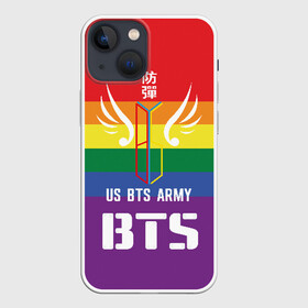 Чехол для iPhone 13 mini с принтом BTS Army в Тюмени,  |  | Тематика изображения на принте: army | bangtan boys | beyond the scene | boys | bts | chin | edm | emblem | fans | hieroglyphs | hip hop | jimin | k pop | logo | rainbow | rb | rm | south korean | армия | бойбенд | ви | джей хоуп | иероглифы | логотип | мальчики | радуга | сюга | 