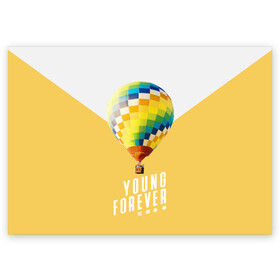 Поздравительная открытка с принтом BTS Young Forever в Тюмени, 100% бумага | плотность бумаги 280 г/м2, матовая, на обратной стороне линовка и место для марки
 | balloon | bangtan boys | beyond the scene | boyband | boys | bts | chin | chonguk | edm | emblem | hip hop | jimin | jj hope | k pop | logo | rb | rm | shuga | south korean | wee | бойбенд | ви | воздушный шар | джей хоуп | логотип | мальчики | сюга