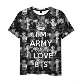 Мужская футболка 3D с принтом I am army and I lover BTS в Тюмени, 100% полиэфир | прямой крой, круглый вырез горловины, длина до линии бедер | Тематика изображения на принте: bangtan boys | beyond the scene | boyband | boys | bts | chin | chonguk | collage | crown | edm | flowers | hip hop | jimin | jj hope | k pop | photo | r  b | rm | south korean | suga | wee | бойбенд | ви | джей хоуп | коллаж | корона | мальчики | с